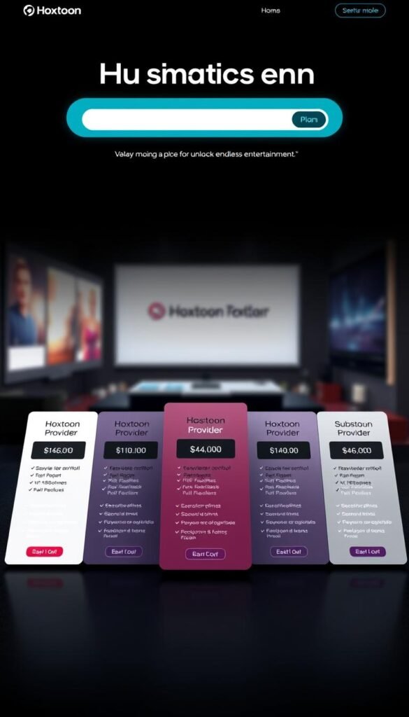 A modern, minimalist web design showcasing the subscription plans for the Hoxtoon Provider IPTV service. In the foreground, a series of neatly arranged plan cards, each displaying the plan name, features, and pricing. The cards are presented on a sleek, dark background, with subtle highlights and gradients to create depth and dimension. In the middle ground, a clean, uncluttered layout with plenty of white space, allowing the plan details to take center stage. The background features a soft, blurred overlay of an entertainment-themed visual, such as a movie theater or living room setting, to reinforce the idea of unlocking endless entertainment. The overall mood is one of sophistication, clarity, and attention to detail, reflecting the premium nature of the Hoxtoon Provider IPTV service.