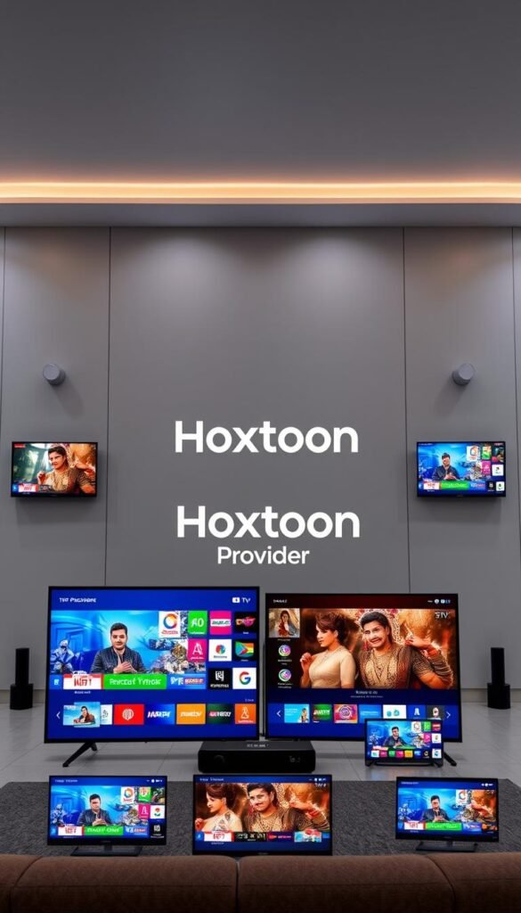 A modern, multi-device IPTV setup featuring the Hoxtoon Provider service. In the foreground, several sleek, high-resolution screens display a variety of Indian television channels, showcasing the service's multi-device streaming capabilities. The middle ground features the Hoxtoon Provider logo, prominently displayed to highlight the brand. The background depicts a minimalist, technologically-advanced setting, with clean lines and subtle lighting to create a professional, premium atmosphere. The overall composition conveys the convenience, reliability, and seamless experience of the Hoxtoon Provider IPTV service for accessing Indian channels across multiple devices.