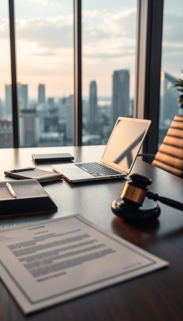 A modern office desk with a laptop, legal documents, and the Hoxtoon Provider logo prominently displayed. The lighting is soft and warm, creating a professional and authoritative atmosphere. In the background, a city skyline is visible through large windows, suggesting the scale and importance of the legal landscape. The overall composition conveys the legitimacy and credibility of the Hoxtoon Provider's IPTV services.