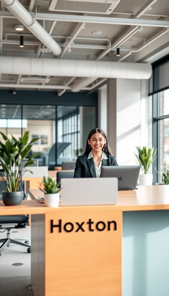 A modern office interior with a Hoxtoon Provider customer support desk at the center. The desk is staffed by a friendly, attentive customer service representative wearing a headset, ready to assist callers. The background features contemporary office decor, with sleek furniture, potted plants, and a large window providing natural lighting. The atmosphere is professional yet welcoming, conveying the high-quality customer experience offered by Hoxtoon Provider. The scene is captured with a wide-angle lens, highlighting the spacious, well-designed work environment.