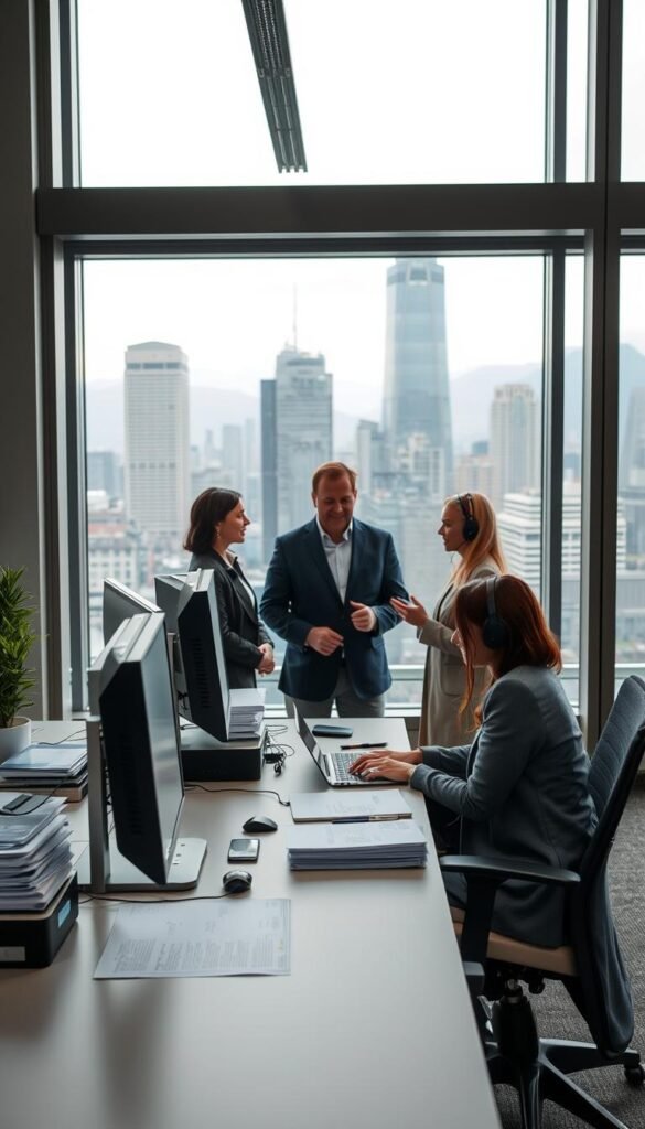 A modern office interior with a Hoxtoon Provider customer support desk in the foreground. The desk is well-lit, with a clean and organized layout, featuring a computer, headset, and stacks of documents. In the middle ground, several customer service representatives are engaged in friendly conversations, providing attentive assistance. The background showcases a large window overlooking a bustling city skyline, creating a sense of professionalism and efficiency. The overall atmosphere is one of competence, responsiveness, and a commitment to customer satisfaction.