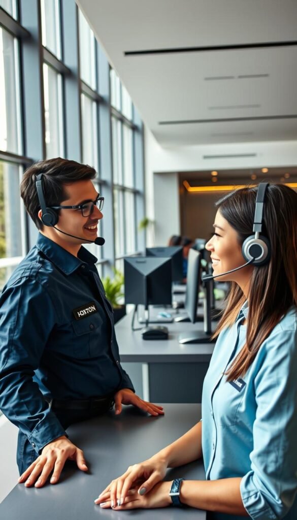 A modern office interior with a customer service desk. In the foreground, a customer service agent in a Hoxtoon Provider uniform is assisting a customer, their expressions conveying empathy and professionalism. The middle ground features an ergonomic workspace with a sleek, minimal design, evoking a sense of efficiency. The background showcases floor-to-ceiling windows, allowing natural light to flood the space and create a bright, airy atmosphere. The overall scene conveys a high-quality, reliable customer support experience for Hoxtoon Provider's premium IPTV sports service.