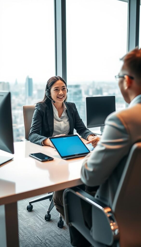 A modern office interior with a customer service representative from the Hoxtoon Provider IPTV company assisting a client. The agent sits at a sleek, minimalist desk, wearing a smart business casual outfit and a friendly, professional expression. Behind them, a large window offers a view of a bustling cityscape. Soft, diffused lighting illuminates the scene, creating a warm, welcoming atmosphere. The overall composition conveys a sense of efficiency, reliability, and attentive customer care - key attributes of the Hoxtoon Premium IPTV service.