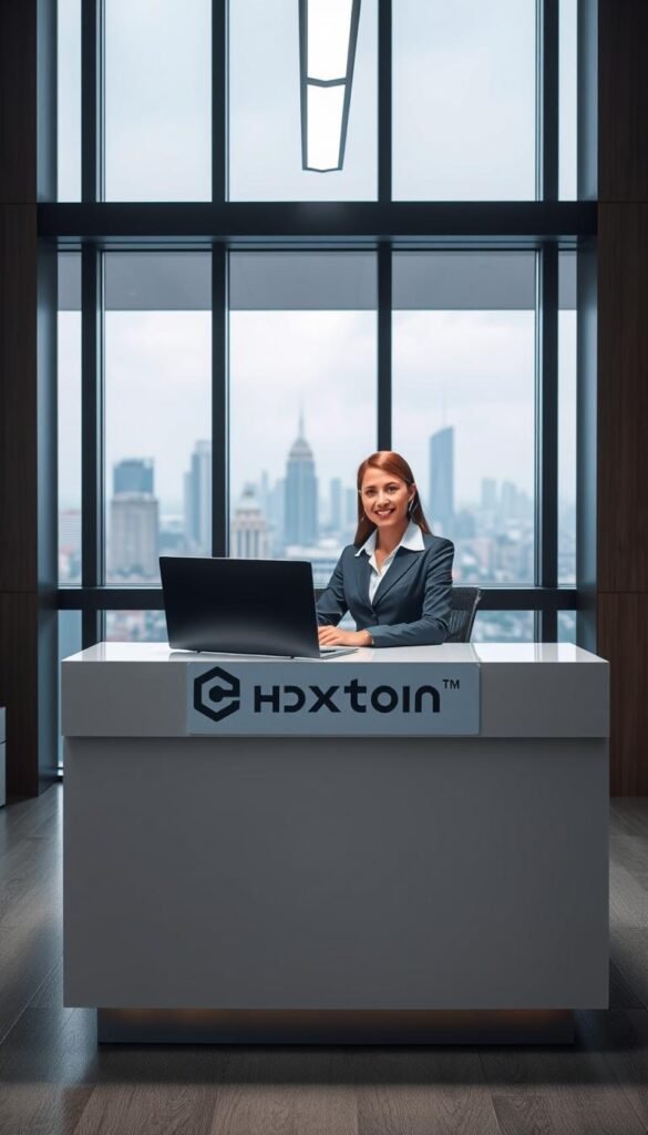A modern office interior with a dedicated IPTV customer support desk. The desk is clean and organized, with a Hoxtoon Provider logo prominently displayed. A helpful customer service agent sits behind the desk, wearing a crisp, professional uniform and a warm, welcoming expression. The lighting is soft and diffused, creating a calming atmosphere. The background features a cityscape visible through large windows, conveying a sense of a bustling metropolitan area. The overall scene exudes a sense of efficiency, responsiveness, and a commitment to providing an exceptional customer experience.