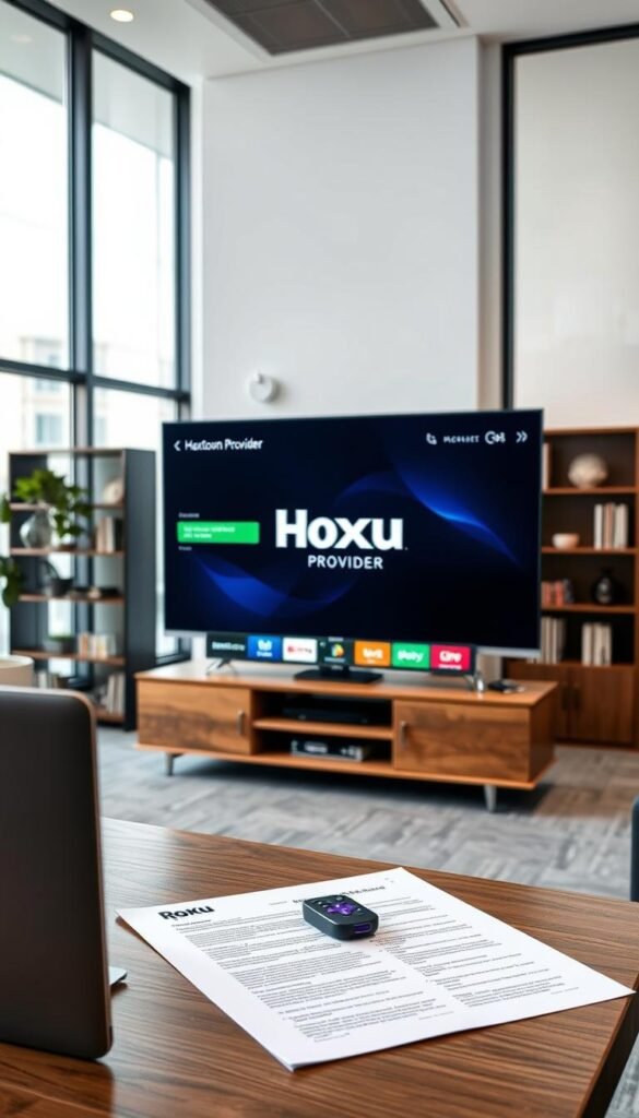 A modern office interior with a focus on a large, flat-screen television displaying the Roku IPTV interface. The room is well-lit, with ample natural light from large windows, creating a professional and clean atmosphere. In the foreground, a desk with a laptop and legal documents is visible, hinting at the "legal considerations" aspect. In the background, a bookshelf and other office decor elements add to the sophisticated, corporate setting. The Hoxtoon Provider brand name is prominently displayed on the television screen, highlighting its integration with the Roku platform.