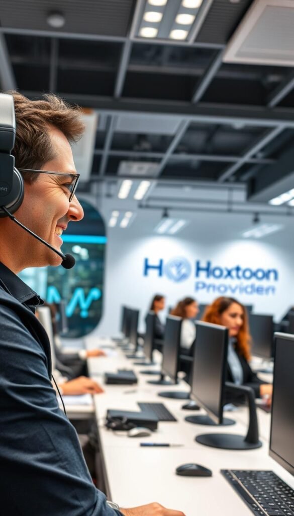A modern office interior with a focused, efficient IPTV customer support team. In the foreground, a dedicated agent wearing a headset and smiling, assisting a customer on a computer screen. In the middle ground, rows of desks with more agents, creating a sense of a bustling, professional environment. The background features the Hoxtoon Provider branding prominently displayed on the wall, conveying a sense of reliability and high-quality service. The lighting is bright and even, creating a clean, productive atmosphere. The camera angle is slightly elevated, giving an overview of the space and emphasizing the team's collaborative dynamic.