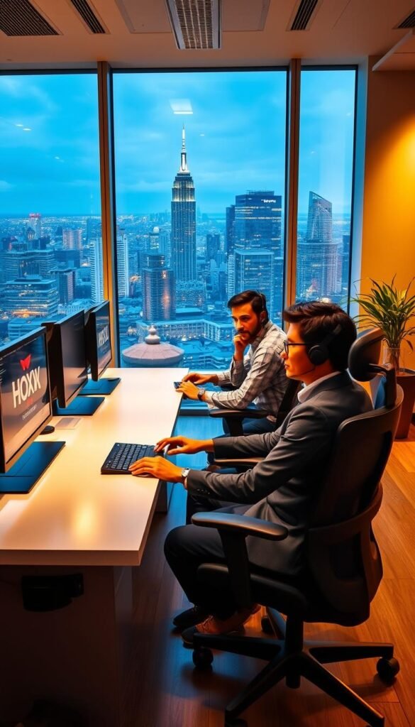 A modern office interior with a large desk, ergonomic chairs, and a computer setup. Hoxtoon Provider's customer support team is hard at work, assisting clients with IPTV-related issues. Warm, directional lighting illuminates the scene, creating a professional and approachable atmosphere. The desk is clean and organized, with a Hoxtoon Provider logo prominently displayed. In the background, a large window overlooks a bustling city skyline, suggesting a thriving urban setting. The team members are attentive and engaged, their expressions conveying a sense of dedication and problem-solving. The overall scene reflects Hoxtoon Provider's commitment to reliable and responsive customer support.