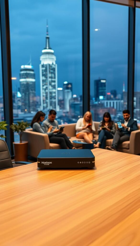 A modern office interior with a large glass window overlooking a bustling city skyline. In the foreground, a sleek wooden desk showcases a high-end IPTV set-top box labeled "Hoxtoon Provider", surrounded by a minimalist, ergonomic workstation. The middle ground features a group of customers seated on comfortable sofas, their faces lit by the glow of their tablets and smartphones as they engage with the Hoxtoon catch-up TV service. The background is bathed in warm, diffused lighting, creating a professional and inviting atmosphere. The overall scene conveys a sense of cutting-edge technology, exceptional user experience, and satisfied customers.