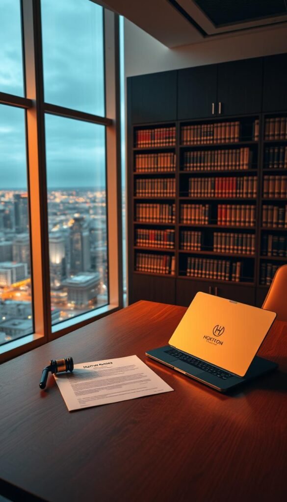 A modern office interior with a large window overlooking a cityscape. In the foreground, a wooden desk with a laptop, legal documents, and a Hoxtoon Provider logo. Backlit by warm lighting, creating a professional and authoritative atmosphere. The middle ground features a bookshelf filled with legal volumes, conveying a sense of expertise and regulation. The background shows a panoramic view of a bustling city skyline, suggesting the broader context of the IPTV industry. The overall composition and lighting evoke a sense of credibility and compliance.