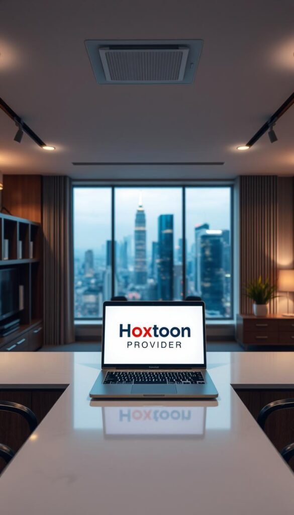 A modern office interior with a prominent desk displaying a laptop showcasing the "Hoxtoon Provider" brand logo. The desk is surrounded by shelves and cabinets, hinting at the technological infrastructure required for an IPTV service. Soft, indirect lighting creates a professional atmosphere, while a large window in the background provides a view of a vibrant city skyline, conveying the global reach and scale of the IPTV operation. The overall scene suggests a well-established, reputable IPTV service provider catering to a discerning clientele.