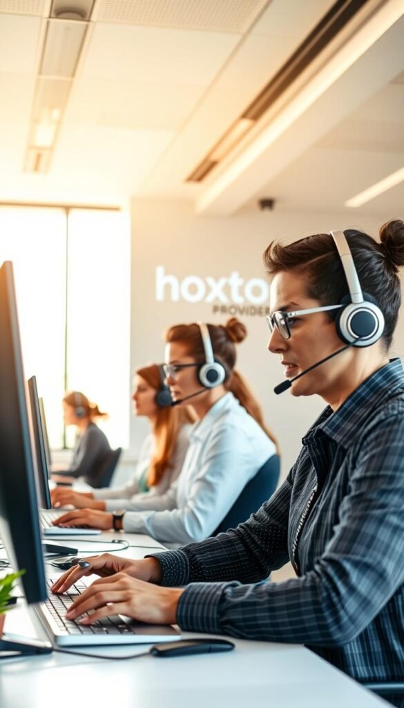 A modern office interior with a team of Hoxtoon Provider customer support specialists assisting clients via phone and computer. Bright natural lighting filters through large windows, creating a warm and professional atmosphere. The agents wear headsets and type intently, their faces expressing a blend of focus and empathy as they address customer queries. In the background, the Hoxtoon Provider logo is subtly displayed on the wall, conveying the company's reliable and responsive service. The overall scene radiates efficiency, attentiveness, and a commitment to customer satisfaction.