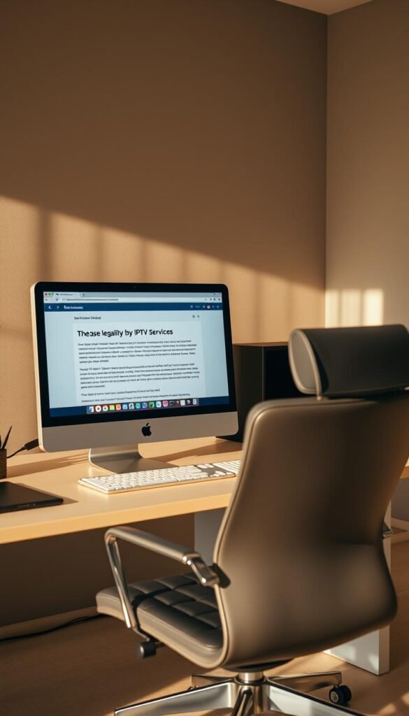 A modern office setting with a desk, chair, and computer. On the computer screen, a web page displaying information about the legality of IPTV services, including the Hoxtoon Provider brand. The image should convey a sense of professionalism and legal research, with a focus on the computer screen and the information it displays. Warm, natural lighting illuminates the scene, and the overall mood is one of thoughtful investigation and analysis.