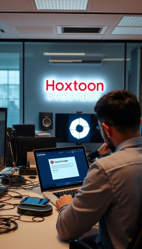 A modern office setting with a person troubleshooting an IPTV Smarters login issue on a laptop, surrounded by technical equipment and cables. Warm, focused lighting illuminates the scene, highlighting the user's concentration. In the background, the Hoxtoon Provider logo is prominently displayed, conveying the switching experience from IPTV Smarters to this new service. The atmosphere is one of problem-solving and technological exploration, reflecting the section's focus on user experiences. A modern office setting with a person troubleshooting an IPTV Smarters login issue on a laptop, surrounded by technical equipment and cables. Warm, focused lighting illuminates the scene, highlighting the user's concentration. In the background, the Hoxtoon Provider logo is prominently displayed, conveying the switching experience from IPTV Smarters to this new service. The atmosphere is one of problem-solving and technological exploration, reflecting the section's focus on user experiences.