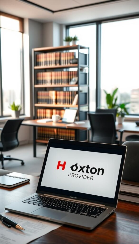 A modern office setting with a professional yet approachable atmosphere. In the foreground, a desk with a laptop displaying legal documents and a pen nearby, conveying the idea of legal research and analysis. The middle ground features a bookshelf filled with law-related volumes, lending an air of authority and expertise. In the background, large windows allow natural light to pour in, creating a sense of openness and transparency. The overall mood is one of diligence, thoughtfulness, and a commitment to understanding the legal aspects of IPTV services. The Hoxtoon Provider logo is prominently displayed on the laptop screen.