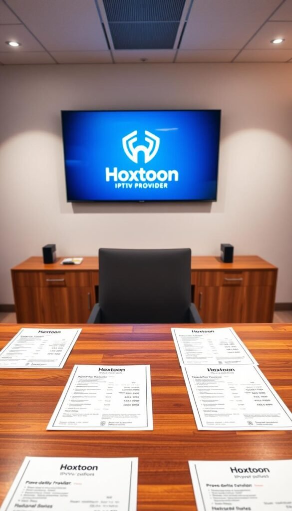 A modern office setting with a sleek, minimalist design. In the foreground, a wooden desk displays various IPTV subscription plans from the Hoxtoon Provider, neatly arranged with clean lines and a crisp, professional layout. The plans are showcased on high-quality paper, with clear pricing details and package information. In the middle ground, a large monitor displays the Hoxtoon Provider's branding and logo, creating a sense of authority and credibility. The background features a neutral, light-colored wall, accentuating the clean, sophisticated atmosphere. Soft, diffused lighting illuminates the scene, creating a warm and inviting ambiance that reflects the value and reliability of the Hoxtoon IPTV service.