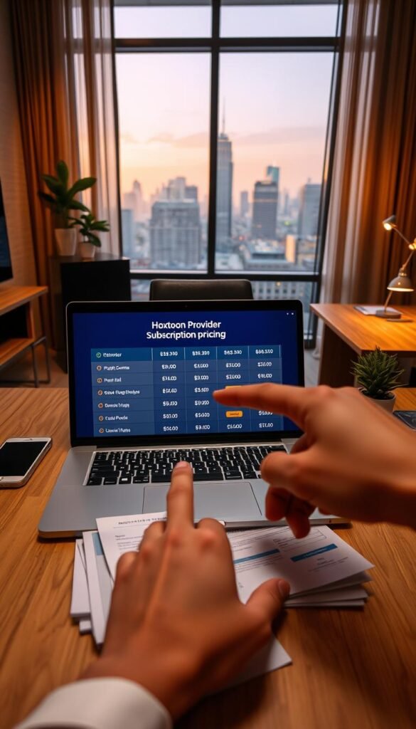 A modern office setting with a wooden desk, a laptop displaying a Hoxtoon Provider subscription plan, and a stack of financial documents. The lighting is warm and inviting, creating a professional yet cozy atmosphere. In the foreground, a hand points to the laptop screen, emphasizing the competitive pricing options. The background features a cityscape through a large window, suggesting a sense of urban sophistication. The overall composition conveys the idea of a reliable and cost-effective IPTV service.