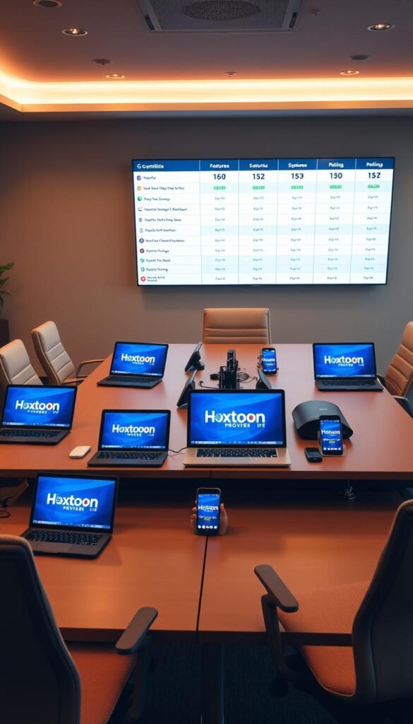 A modern office space with a large desk and ergonomic chairs. On the desk, there are several laptops, tablets, and smartphones displaying IPTV service provider logos, including the prominent "Hoxtoon Provider" brand. In the background, a wall-mounted display shows comparative IPTV service details, highlighting features, pricing, and customer ratings. The lighting is warm and inviting, creating a professional atmosphere. The composition is balanced, with the central desk and tech devices drawing the viewer's attention to the IPTV comparison elements.