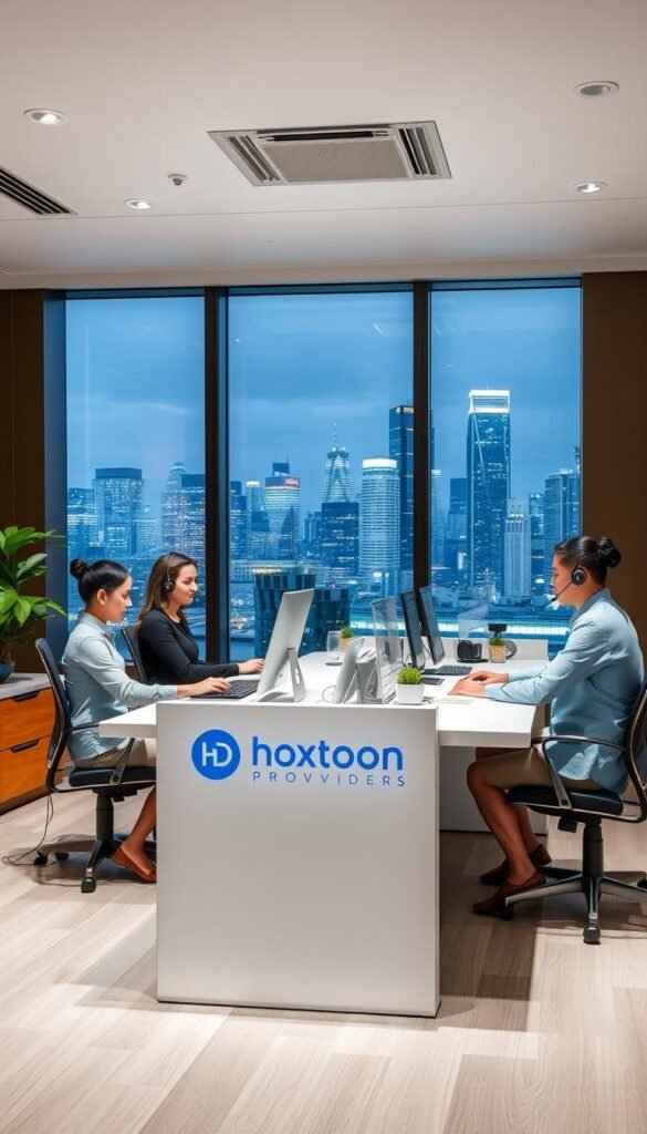 A modern office space with a professional customer support desk. The desk is clean, organized, and well-lit, with a Hoxtoon Provider logo prominently displayed. Behind the desk, a team of friendly and attentive customer service representatives are assisting clients via phone, email, and chat. The room has a warm, inviting atmosphere, with soft lighting and neutral tones. In the background, a large window provides a view of a bustling city skyline, creating a sense of connectivity and accessibility. The overall scene conveys a sense of trust, reliability, and efficient customer care, reflecting Hoxtoon Provider's commitment to its users.