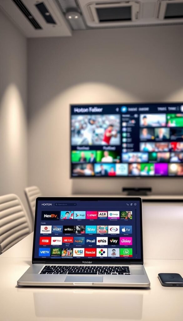 A modern office workspace with a sleek, minimalist aesthetic. On the desk, a laptop displays the "Hoxtoon Provider" IPTV service interface, showcasing a vibrant grid of over 21,000 available channels. Soft, directional lighting illuminates the scene, creating a sense of professionalism and productivity. In the background, a large monitor displays a montage of live sports, news, and entertainment content, hinting at the expansive library accessible through the 12-month IPTV subscription. The overall atmosphere conveys the convenience, reliability, and long-term value of this comprehensive IPTV solution.