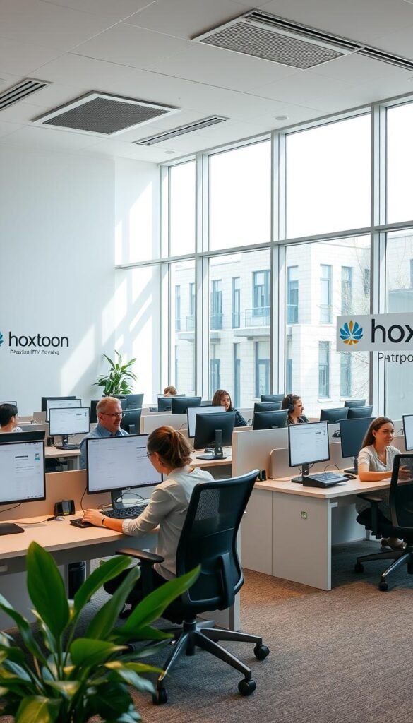 A modern, professional customer service office for the Hoxtoon Provider, a leading IPTV service. The interior is bright and airy, with floor-to-ceiling windows letting in natural light. Rows of ergonomic workstations are occupied by friendly, attentive customer service representatives, each equipped with the latest communication technology. The space has a calming, efficient atmosphere, conveying the brand's commitment to quality service. The walls display the Hoxtoon logo and branding, creating a cohesive, on-brand environment. The scene captures the essence of Hoxtoon's dedication to supporting its customers with a streamlined, professional customer experience.