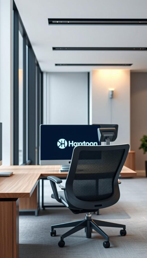 A modern, professional office interior with a clean, minimalist aesthetic. In the foreground, a sleek, aluminum desktop computer displays the "Hoxtoon Provider" logo on its screen, conveying a sense of technological sophistication. In the middle ground, an ergonomic, mesh-back office chair sits before a sturdy, wooden desk, hinting at the comfort and productivity of the workspace. The background features floor-to-ceiling windows, allowing natural light to flood the room and create a bright, airy atmosphere. Subtle accent lighting casts a warm glow, complementing the muted color palette of greys, whites, and natural wood tones. The overall scene exudes a professional, trustworthy, and modern vibe, befitting a leading IPTV legal provider.