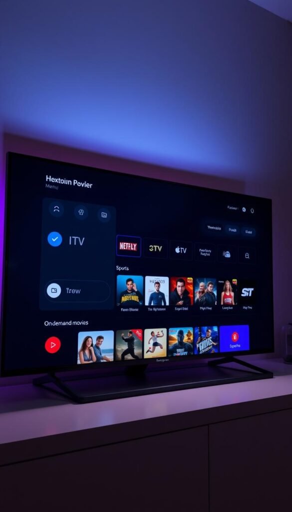 A modern, responsive user interface for the Hoxtoon Provider streaming platform. The screen displays a clean, minimalist design with a dark color scheme and subtle textures. The main menu is prominently featured, showcasing various content categories like live TV, on-demand movies, and sports. The interface utilizes large, high-quality thumbnails and sleek icons to create an intuitive and visually appealing navigation experience. Soft, directional lighting illuminates the screen, creating a sense of depth and highlighting the UI elements. The overall atmosphere conveys a premium, cutting-edge feel, reflecting the Hoxtoon Provider's commitment to delivering a top-notch streaming service.