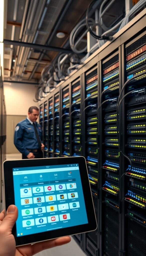 A modern server room with rows of sleek IPTV hardware, glowing network switches, and neatly organized cables. In the foreground, a tablet display showcases the Hoxtoon Provider's intuitive user interface, highlighting the seamless streaming capabilities. The middle ground features a technician in a crisp uniform, meticulously calibrating the equipment. The background is softly lit, conveying a sense of technological sophistication and reliability. The scene evokes a cutting-edge IPTV operation, with a focus on the Hoxtoon Provider's advanced infrastructure and commitment to delivering a superior viewing experience.