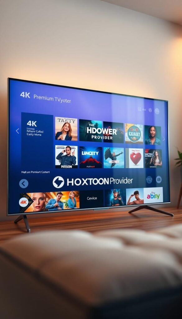 A modern, sleek 4K IPTV service interface displayed on a large, high-resolution television screen. The screen showcases a clean, minimalist design with easy-to-navigate menus and a selection of premium 4K content. In the foreground, the Hoxtoon Provider logo is prominently displayed, indicating the service provider. The middle ground features various 4K movie and TV show thumbnails, highlighting the diverse library of 4K content available. The background is softly blurred, creating a sense of depth and focus on the main interface. The lighting is warm and natural, creating a inviting and premium atmosphere. The camera angle is slightly elevated, giving a broad, cinematic view of the 4K IPTV service in action.