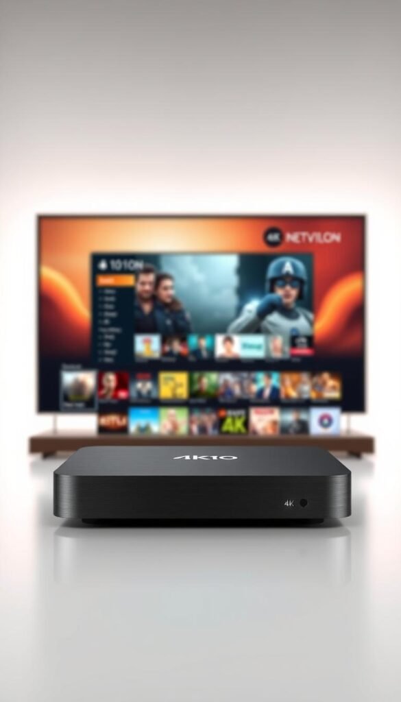 A modern, sleek 4K IPTV streaming device by the Hoxtoon Provider, set against a minimalist backdrop. The device is showcased in the foreground, its clean lines and brushed metal finish illuminated by soft, directional lighting. In the middle ground, a vibrant display showcases a diverse library of premium 4K content, hinting at the breadth of entertainment options available. The background features a subtle gradient, conveying a sense of depth and a premium, high-tech ambiance. The overall composition emphasizes the device's elegant design and the Hoxtoon Provider's commitment to delivering an exceptional 4K IPTV streaming experience.