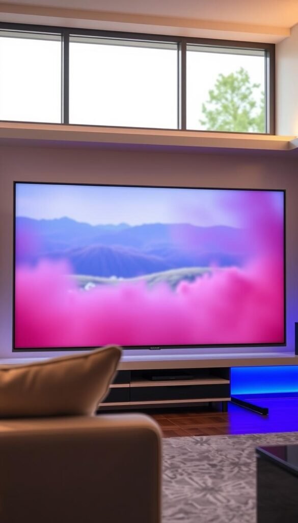 A modern, sleek 4K television with a large, vibrant display, showcasing sharp, detailed visuals. The screen is surrounded by a slim, minimalist black frame, creating a clean, high-end aesthetic. The television is situated in a well-lit, contemporary living room, with soft, diffused lighting illuminating the scene. In the background, a large window provides a glimpse of a serene, natural landscape, creating a sense of harmony and relaxation. The television is prominently displayed, highlighting its role as the centerpiece of the room and the focus of the "Hoxtoon Provider" 4K IPTV streaming experience.