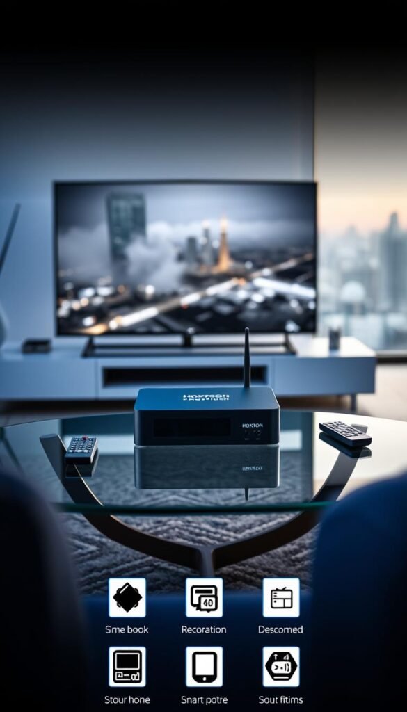 A modern, sleek IPTV (Internet Protocol Television) setup with a Hoxtoon Provider set-top box, high-quality 4K display, and minimalist smart home controls. The scene has a cool, futuristic tone with subtle blue lighting and a blurred cityscape visible through the window. The IPTV device sits prominently on a glass-topped coffee table, surrounded by a modern living room with clean lines and neutral tones. The overall impression is one of advanced, user-friendly home entertainment technology.