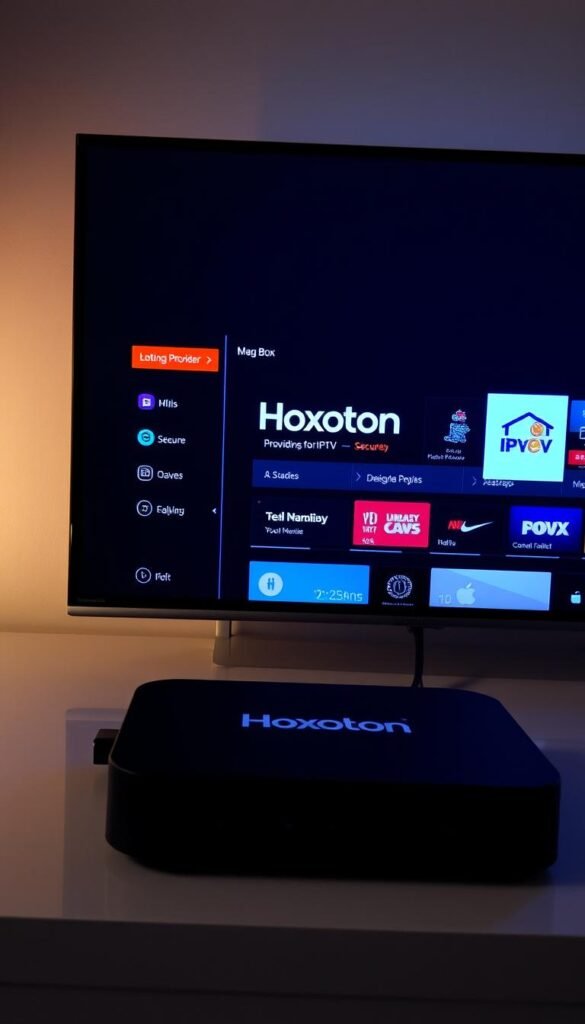 A modern, sleek IPTV app interface displayed on the screen of a Mag box, showcasing seamless compatibility and secure connectivity. The app features the Hoxtoon Provider brand, with clean typography and intuitive menu navigation. The image conveys a sense of digital security and legal compliance, reflecting the professionalism and trustworthiness expected from a reliable IPTV service. Soft, indirect lighting illuminates the scene, creating a calm and visually appealing atmosphere. The composition emphasizes the integration between the IPTV app and the Mag box, highlighting their compatibility and the overall user experience.
