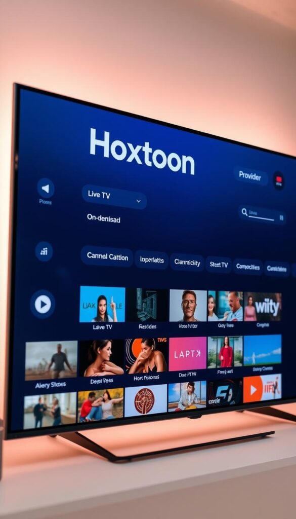 A modern, sleek IPTV app interface with the Hoxtoon Provider brand prominently displayed. The app features a clean, grid-based layout with large, high-quality channel thumbnails arranged neatly. The overall design is minimalist and intuitive, with clear organization of live TV, on-demand content, and customization options. Soft lighting illuminates the screen, creating a pleasant, inviting atmosphere. The app is showcased from a slight low angle, highlighting its modern, user-friendly aesthetic. The background is blurred, keeping the focus on the app's interface and branding.