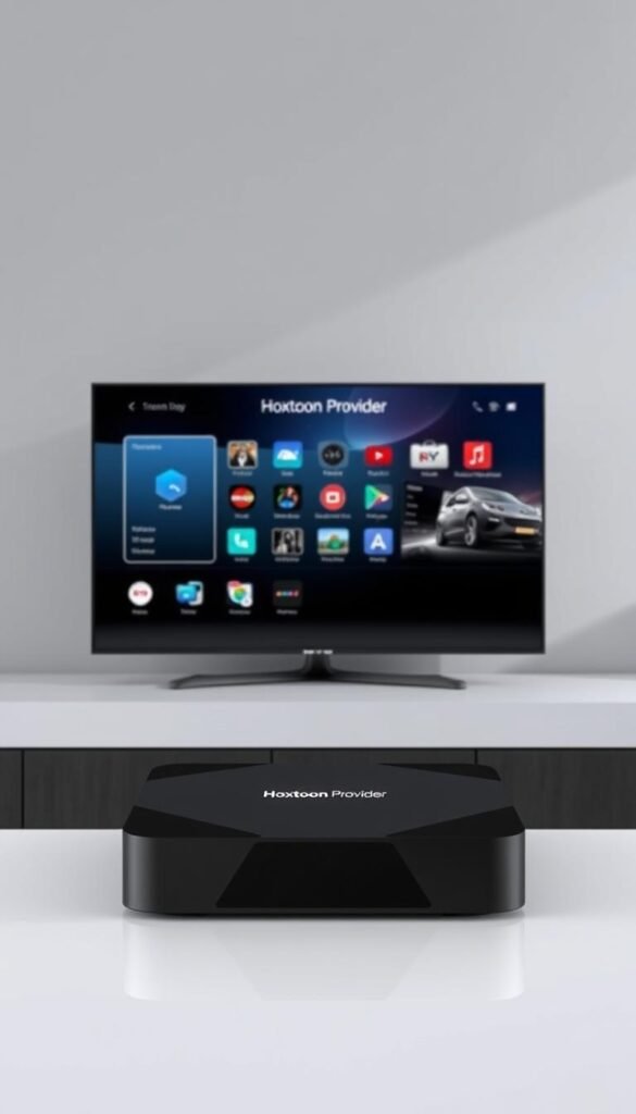 A modern, sleek IPTV box set against a minimalist backdrop, displaying a clean user interface and multi-device compatibility. The box features the Hoxtoon Provider logo, hinting at the high-quality streaming service it represents. The scene is bathed in soft, even lighting, highlighting the device's premium design and streamlined functionality. The image conveys a sense of technology, efficiency, and the ability to access a vast array of content across multiple devices simultaneously.