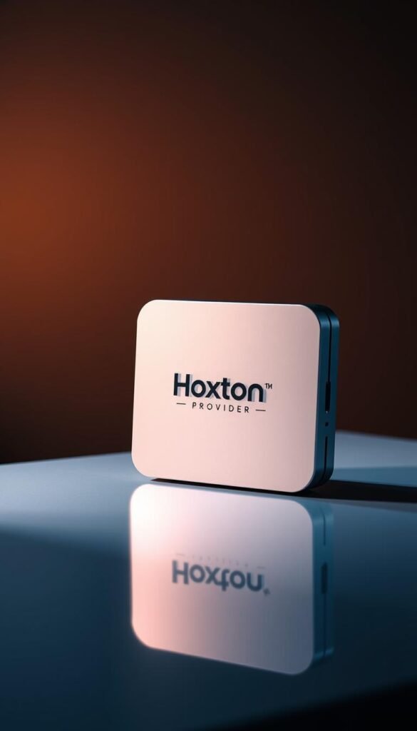 A modern, sleek IPTV box with the Hoxtoon Provider logo prominently displayed on its minimalist exterior. The device stands atop a glossy, reflective surface, casting a subtle shadow. Soft, indirect lighting illuminates the scene, creating a warm and inviting atmosphere. In the background, a gradient of muted, earthy tones provides a sophisticated and visually compelling backdrop. The IPTV box is the focal point, showcasing its premium build quality and advanced features, intended to appeal to discerning viewers seeking a reliable, lifetime IPTV subscription service.