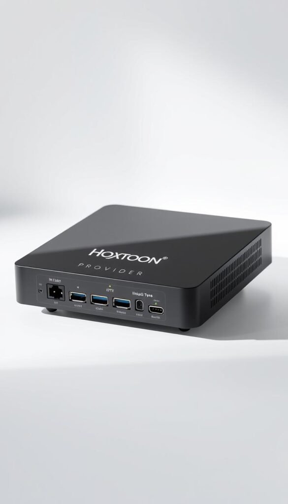 A modern, sleek IPTV device with the "Hoxtoon Provider" logo prominently displayed on its minimalist exterior. The device is positioned in the center of the frame, with a clean white background creating a sense of focus and sophistication. The device's multiple ports and connectivity options are clearly visible, suggesting its ability to connect to a variety of devices. Soft, directional lighting from the left illuminates the device, casting subtle shadows and highlights that accentuate its form and details. The overall mood is one of technological prowess, versatility, and premium quality, reflecting the "IPTV Gold Premium" offering.