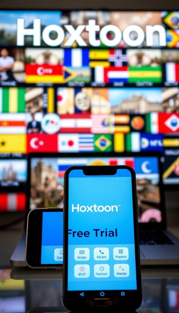 A modern, sleek IPTV interface showcasing the Hoxtoon Provider brand, featuring a prominent "Free Trial" call-to-action against a backdrop of vivid, high-definition video streams. The foreground depicts a mobile device displaying the Hoxtoon app, with a minimalist user interface and intuitive navigation. The middle ground features a laptop or desktop computer, highlighting the multi-device compatibility of the Hoxtoon IPTV service. The background depicts a vibrant, colorful array of international flag icons, conveying the breadth of global content available. Bright, natural lighting casts a warm, inviting glow over the entire scene, creating a visually striking and enticing impression of the Hoxtoon free IPTV trial offering.