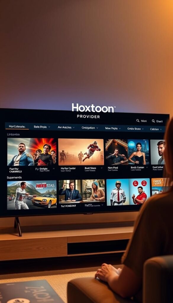 A modern, sleek IPTV interface with the Hoxtoon Provider logo prominently displayed. A user browses seamlessly through a curated selection of live TV channels and on-demand content, navigated via a clean, intuitive UI. The Hoxtoon brand is presented as a premium, reliable service, with high-quality imagery and smooth animations conveying a sense of technological sophistication. The scene is bathed in warm, soft lighting, creating a welcoming, user-friendly atmosphere. The overall impression is of a smart, cutting-edge IPTV platform that delivers a exceptional viewing experience.