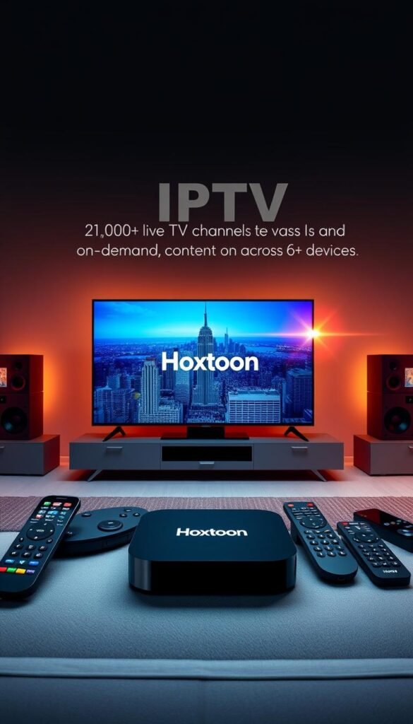 A modern, sleek IPTV service called Hoxtoon Provider, offering a vast library of 21,000+ live TV channels and on-demand content across 6+ devices. A streamlined interface showcases the service's intuitive design, with vibrant, high-definition visuals and a minimalist aesthetic. In the foreground, a smart TV or streaming device displays the Hoxtoon Provider logo, surrounded by an array of remote controls and mobile devices. The middle ground features a cityscape backdrop, representing the service's nationwide coverage and accessibility. Warm, diffused lighting creates a sense of sophistication, while a subtle lens flare adds a touch of futuristic elegance. The overall atmosphere conveys the Hoxtoon Provider's position as a leading IPTV solution, seamlessly blending technology, content, and user experience.