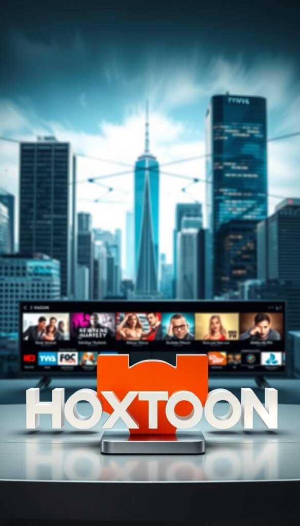 A modern, sleek IPTV service called Hoxtoon Provider, set against a dynamic cityscape backdrop. In the foreground, the Hoxtoon logo is prominently displayed, its bold typography and vibrant colors commanding attention. The middle ground features a lineup of popular streaming channels and content, suggesting the wide variety of entertainment options available. In the background, a network of skyscrapers and dynamic urban elements create a sense of technological sophistication and innovation. The lighting is crisp and dynamic, highlighting the service's cutting-edge nature. The overall composition conveys a professional, high-quality IPTV experience tailored for the discerning US market.
