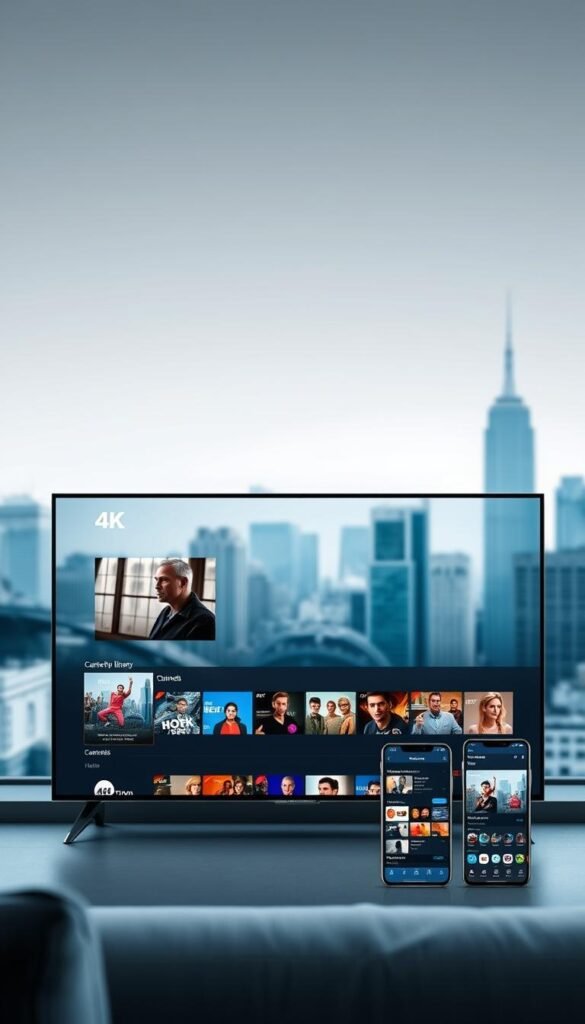 A modern, sleek IPTV service interface showcasing Hoxtoon Provider's extensive content library. In the foreground, a 4K smart TV displays a clean, minimalist UI with high-definition videos, curated channels, and a comprehensive menu. In the middle ground, a tablet and smartphone devices present Hoxtoon's mobile apps, highlighting seamless cross-platform integration. The background features a blurred city skyline, conveying a sense of urban sophistication. Soft, cool-toned lighting and a muted color palette create a refined, professional atmosphere. The overall scene emphasizes Hoxtoon Provider's technological prowess, content breadth, and user-friendly experience.