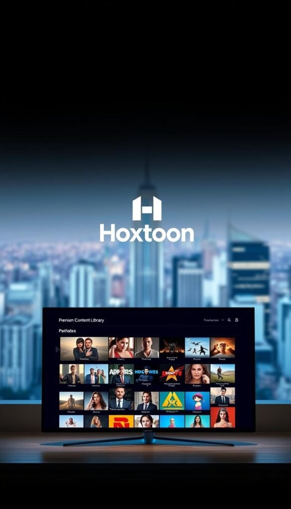 A modern, sleek IPTV service interface showcasing the Hoxtoon Provider brand. In the foreground, a minimalist dashboard displays a grid of high-quality video thumbnails, representing the premium content library. The middle ground features a prominent Hoxtoon logo, subtly integrated into the design. The background is a softly blurred cityscape, conveying a sense of urbanity and connectivity. The overall scene is illuminated by a cool, balanced lighting, capturing a professional, technology-driven atmosphere.