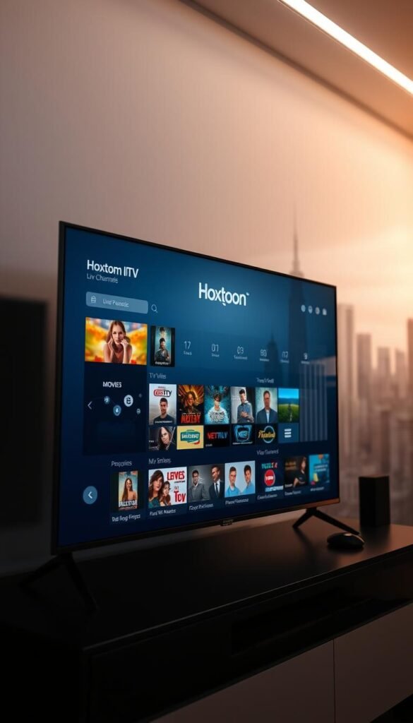 A modern, sleek IPTV service interface with the Hoxtoon Provider brand prominently displayed. The screen shows a grid of popular live TV channels, movies, and on-demand content. The interface has a clean, minimalist design with intuitive navigation, allowing users to easily browse and select their desired content. The background features a blurred cityscape, conveying a sense of urban sophistication. Soft, directional lighting illuminates the screen, creating depth and highlighting the service's high-quality visual experience. The overall atmosphere exudes a professional, high-tech vibe that appeals to discerning IPTV users.