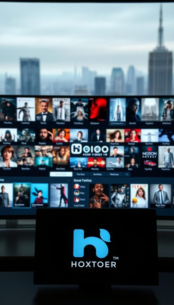A modern, sleek IPTV service provider interface, showcasing an extensive on-demand video library. In the foreground, the Hoxtoon Provider logo is prominently displayed, surrounded by a variety of content thumbnails and categories. The middle ground features a clean, minimalist user interface with intuitive navigation menus. In the background, a blurred cityscape or abstract backdrop sets a sophisticated, high-tech atmosphere. Soft, directional lighting accentuates the interface elements, creating a visually appealing and immersive experience. The overall tone is one of technological advancement, content abundance, and user-friendliness.