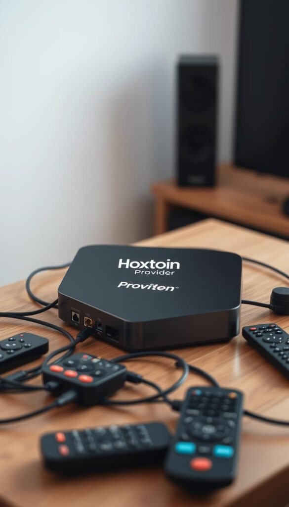 A modern, sleek IPTV set-top box sitting atop a minimalist wooden table, with a Hoxtoon Provider logo prominently displayed on the device. The box is surrounded by various networking cables and remote controls, conveying a sense of connectivity and digital entertainment. The lighting is soft and diffused, creating a warm and inviting atmosphere. The camera angle is slightly elevated, giving the viewer a sense of the box's capabilities and the overall setup. The background is out of focus, allowing the main subject to take center stage.