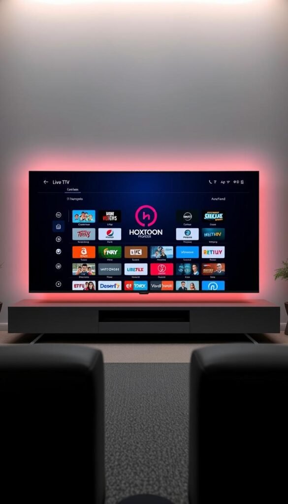 A modern, sleek IPTV streaming service interface, showcasing the Hoxtoon Provider brand. A centered display showcases a grid of live TV channels and on-demand content, with intuitive navigation menus and a clean, minimalist design. The lighting is soft and diffused, creating a calming, professional atmosphere. The composition features a balanced, symmetrical layout, with the Hoxtoon logo prominently displayed. The scene conveys the ease and accessibility of the Hoxtoon IPTV service, ready to deliver a seamless entertainment experience.