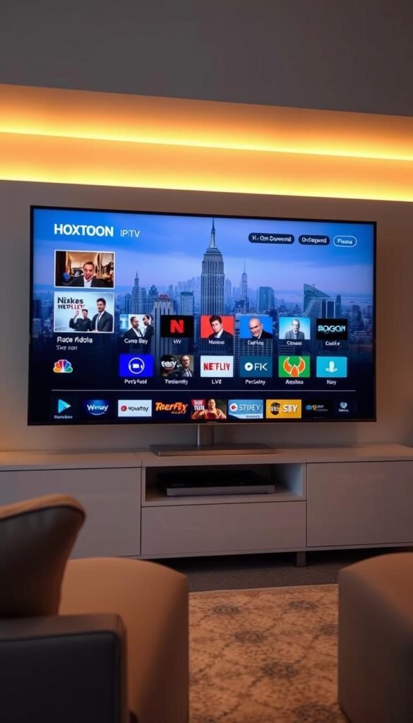 A modern, sleek IPTV streaming service interface showcasing the Hoxtoon Provider brand. The screen displays a variety of live TV channels and on-demand content, with a clean, minimalist layout. The interface is easy to navigate, with intuitive icons and a responsive, user-friendly design. The background features a subtle, soft-focus cityscape, suggesting the versatility and accessibility of the Hoxtoon streaming platform. Warm lighting creates a welcoming, premium atmosphere, while camera angles emphasize the seamless integration of technology and entertainment.