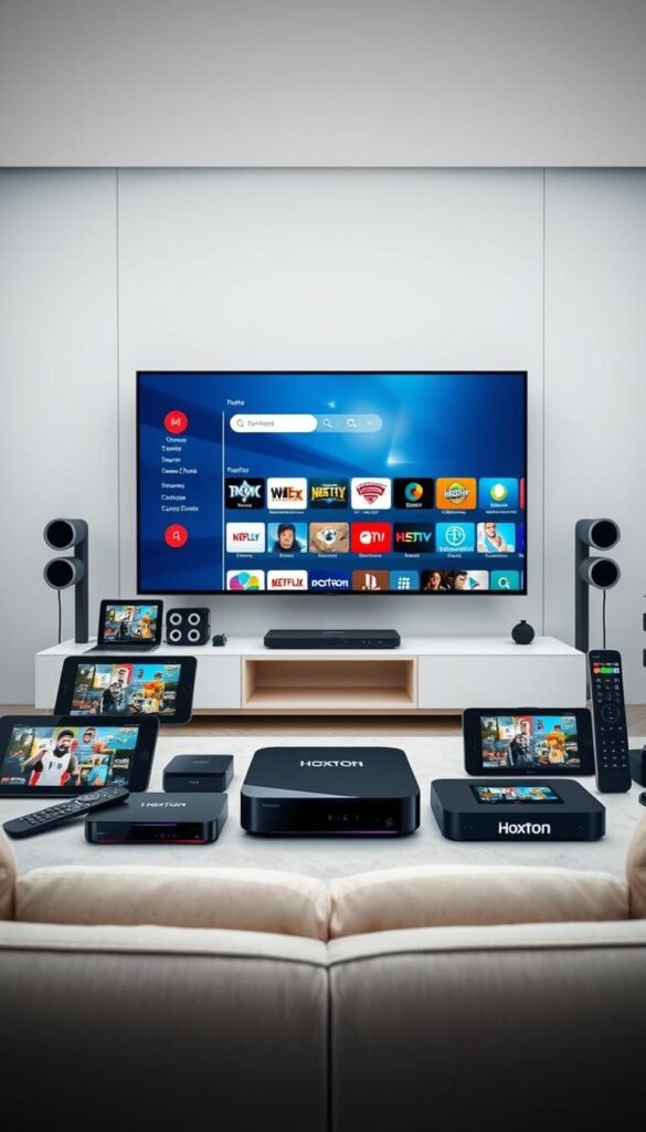 A modern, sleek IPTV streaming setup with the Hoxtoon Provider brand prominently displayed. In the foreground, an array of various internet-connected devices - smart TVs, tablets, smartphones, and streaming boxes - all seamlessly connected and accessing the Hoxtoon IPTV service. The middle ground showcases the intuitive Hoxtoon user interface on a large, high-resolution display, highlighting the breadth of live channels and on-demand content available. The background depicts a minimalist, tech-forward environment with clean lines and muted tones, creating a sense of sophistication and versatility. Bright, diffused lighting and a shallow depth of field focus the viewer's attention on the main subject matter - the multi-device compatibility and content-rich IPTV experience provided by Hoxtoon.