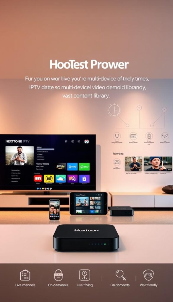 A modern, sleek IPTV system with the Hoxtoon Provider brand prominently displayed. The foreground features a series of devices - a smart TV, a tablet, a smartphone, and a streaming box - all seamlessly connected and streaming content. The middle ground showcases various IPTV features like live channels, on-demand videos, and a user-friendly interface. The background has a clean, minimalist design with subtle technical elements, conveying the concept of multi-device compatibility and the vast content library. The lighting is soft and warm, creating a premium, high-tech atmosphere. The camera angle is slightly elevated, giving a comprehensive view of the IPTV ecosystem.