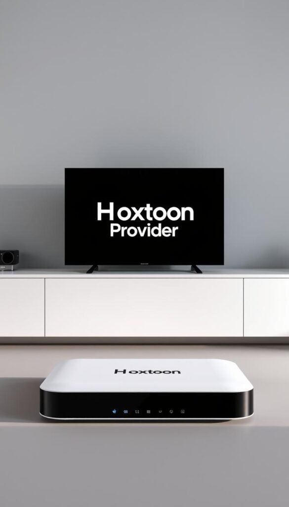 A modern, sleek Mag Box IPTV configuration with a crisp, high-resolution display showcasing the Hoxtoon Provider logo prominently in the center. The device is positioned on a minimalist, muted-tone desk, with a clean, uncluttered background. Soft, directional lighting illuminates the scene, casting subtle shadows and highlights on the Mag Box. The overall composition is balanced, with the Mag Box occupying the foreground and the Hoxtoon Provider branding taking center stage, conveying a sense of professionalism and high-quality IPTV service.